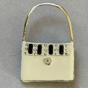 SFJ Small Brooch Enamel Bag Handle White Black Silver Rhinestone Vintage